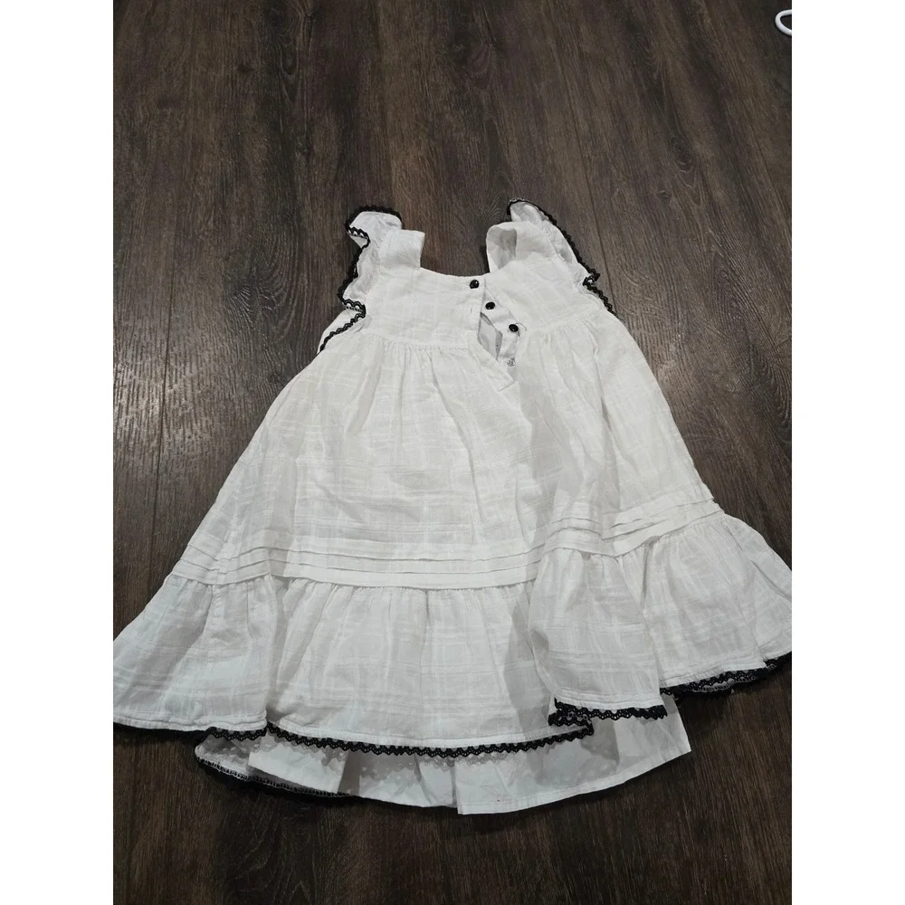 Max Studio Kids White Embroidered Boho Tiered Dress Black Lace Trim Girls 4T